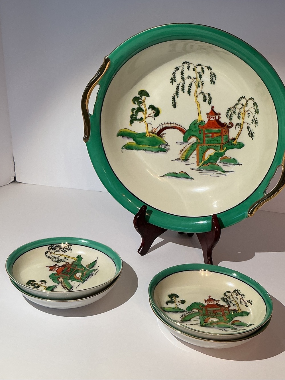 Noritake Green-Trim Porcelain Serving Bowl Set with Scenic Pavilion Motif
